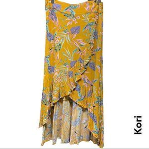 🎆 KORI floral high low ruffled gold pink purple wrap skirt + size L